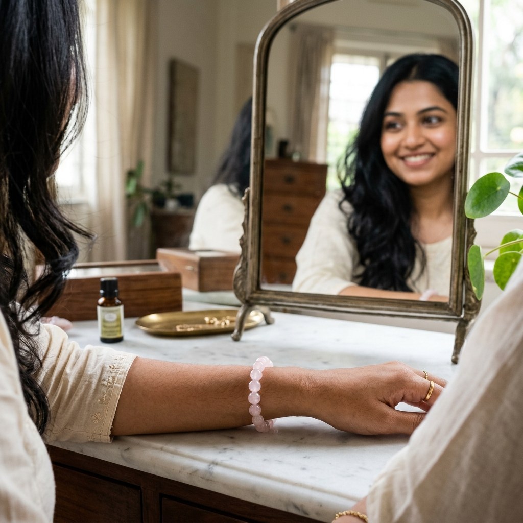 Rose Quartz Bracelet — worn, lifestyle | Kubair