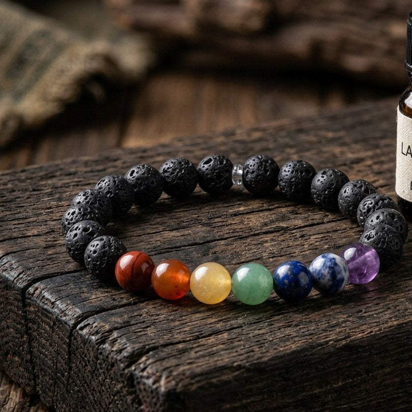 Lava + 7 Chakra Bracelet — close-up detail | Kubair