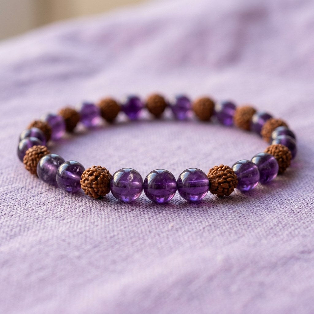 Rudraksha + Amethyst Bracelet — close-up detail | Kubair