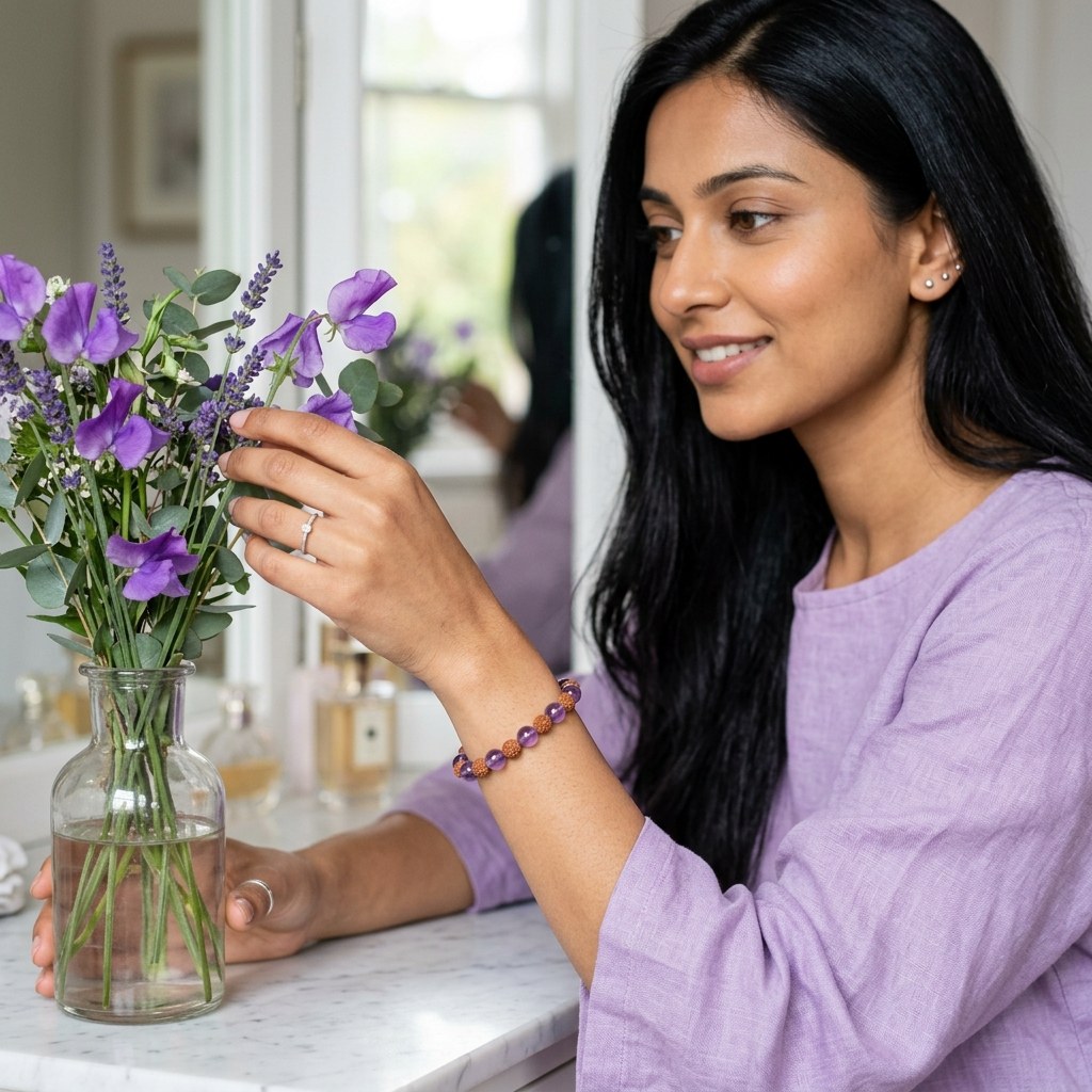 Rudraksha + Amethyst Bracelet — lifestyle shot | Kubair
