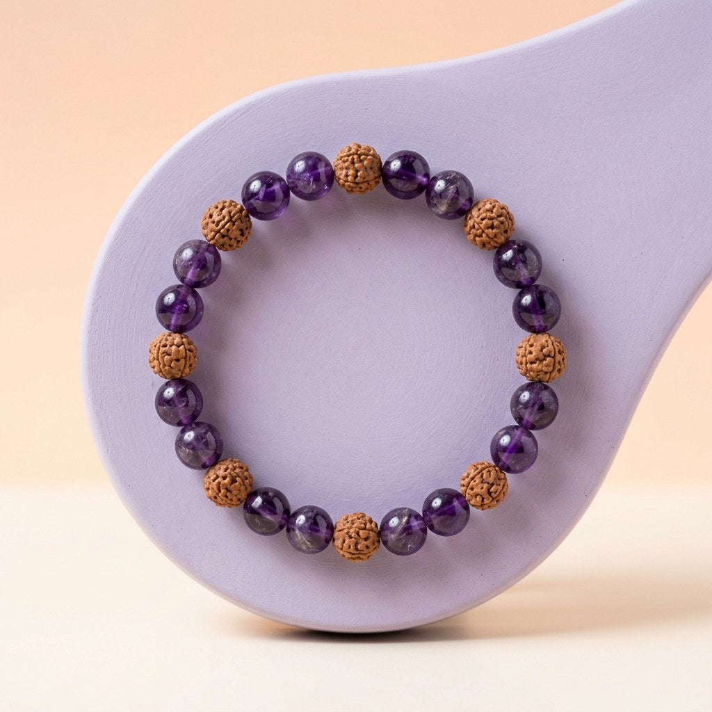 Rudraksha + Amethyst Bracelet — studio product photo | Kubair