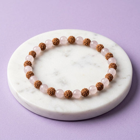 Rudraksha + Rose Quartz Bracelet — studio product photo | Kubair